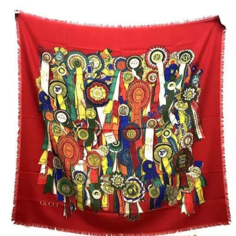 Gucci Equestrian Rosette Ribbon Awards Wool Scarf / Shawl